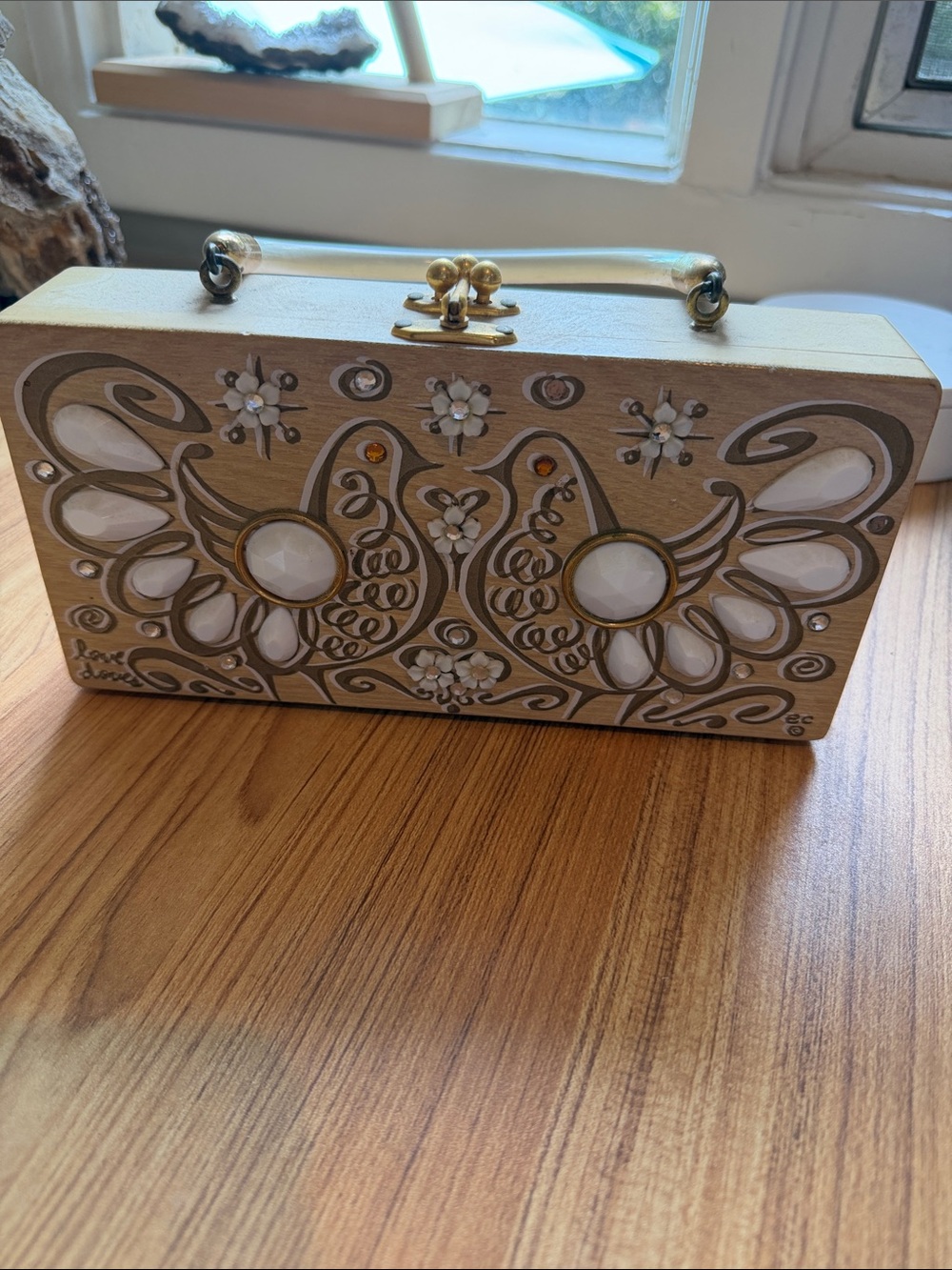Vintage 1960s Enid Collins "Love Doves" Wood Jeweled Box Bag Purse 8.5x4x2” - Picture 2 of 13